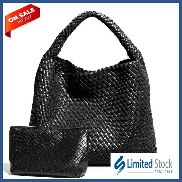 Large Woven Tote Bag with Clutch Vegan Leather Work Commuter Day Bag